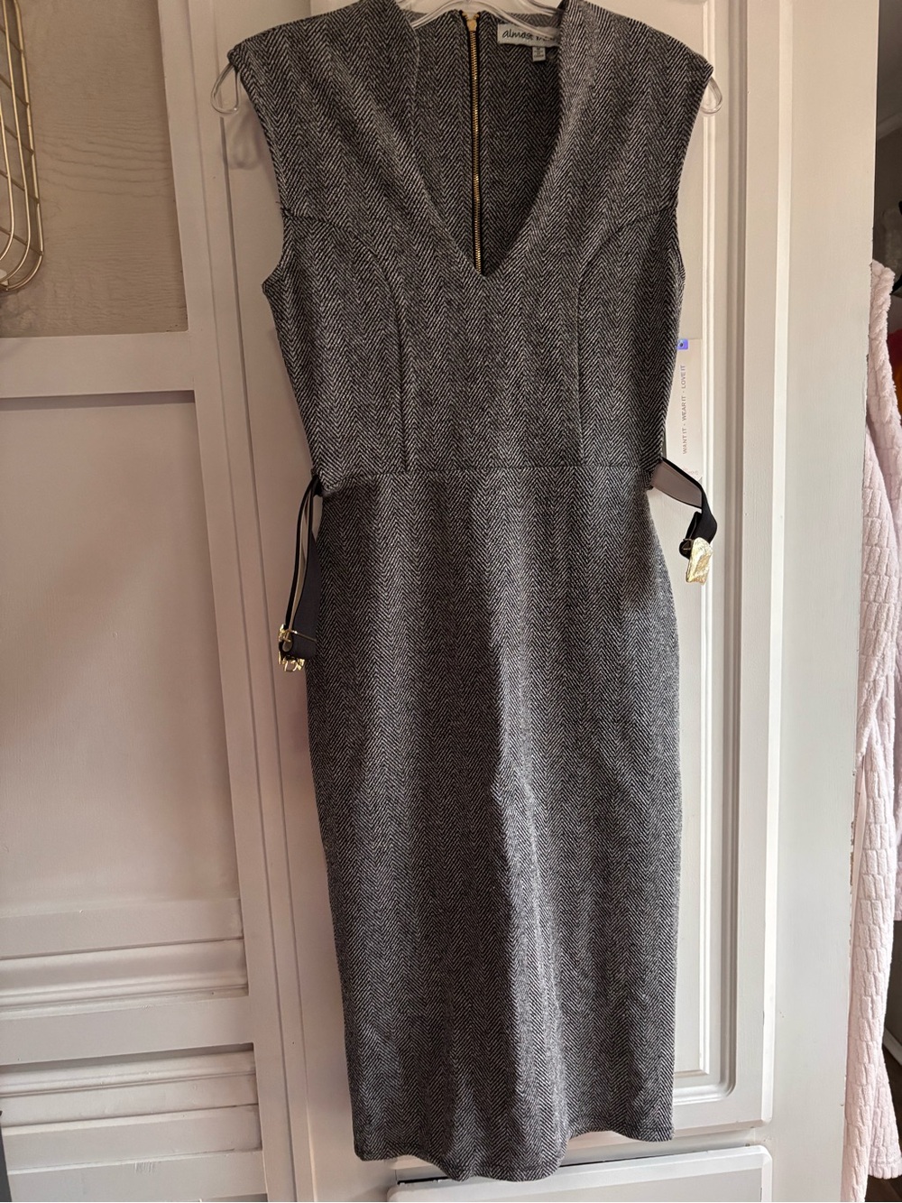 Almost Famous Gray Herringbone Midi Sheath Dress with Black Belt - Picture 9 of 10